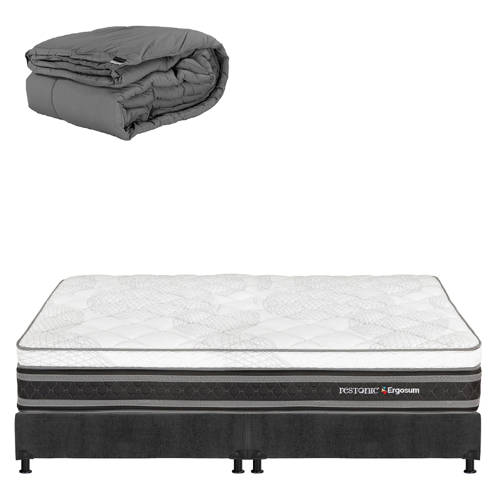Colchón Restonic Ergosum Box Color Gris Carbon King Size + Box + Edredón Homy