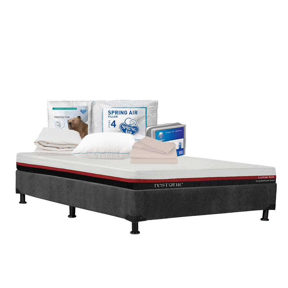 Colchón Restonic Roll  Queen Size + Box Dicasa Color Gris + Almohada Osos + Protector Ultra + Sábanas Basic