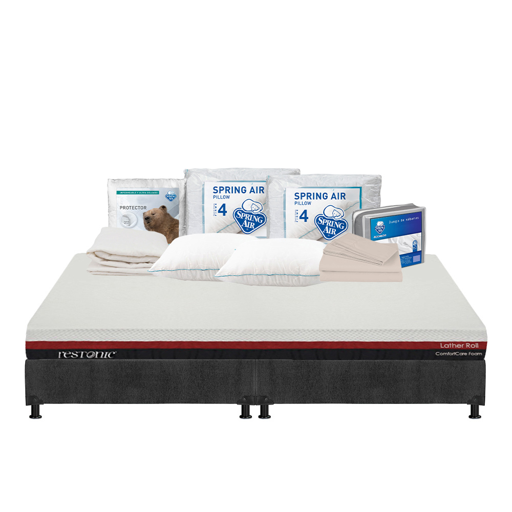 Colchón Restonic Roll Color Rojo King Size + Box Dicasa Gris + 2 Almohadas Osos + Protector Ultra + Sábanas Basic