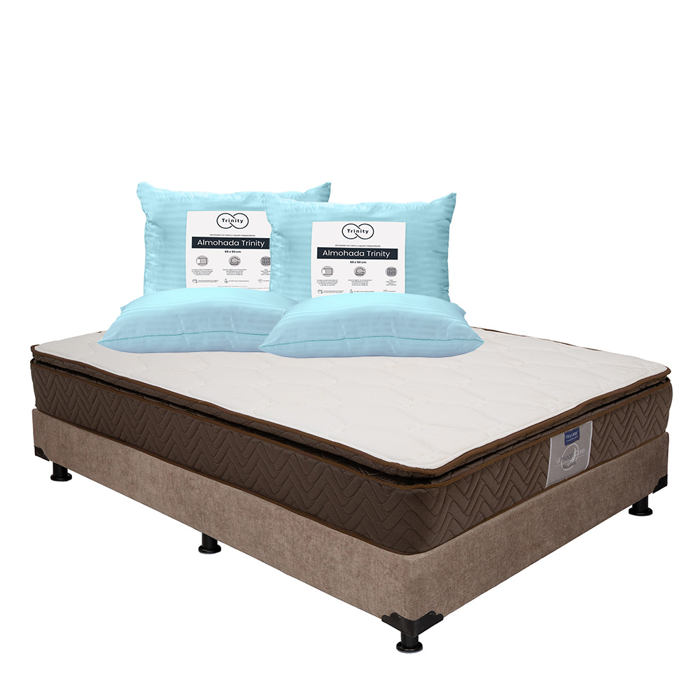 Colchón Restonic Nautilus Matrimonial + Box Dicasa Café + 2 Almohadas Trinity