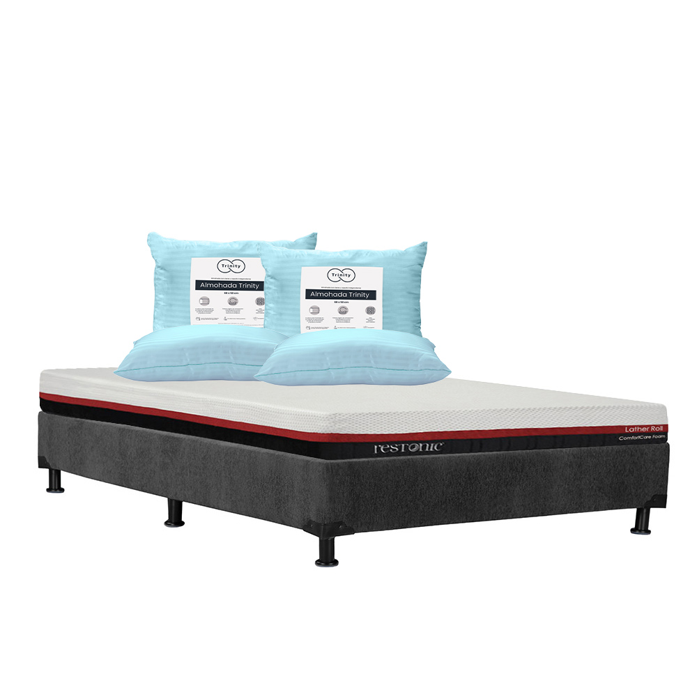 Colchón Restonic Roll Queen Size + Box Dicasa Color Gris + 2 Almohadas Trinity