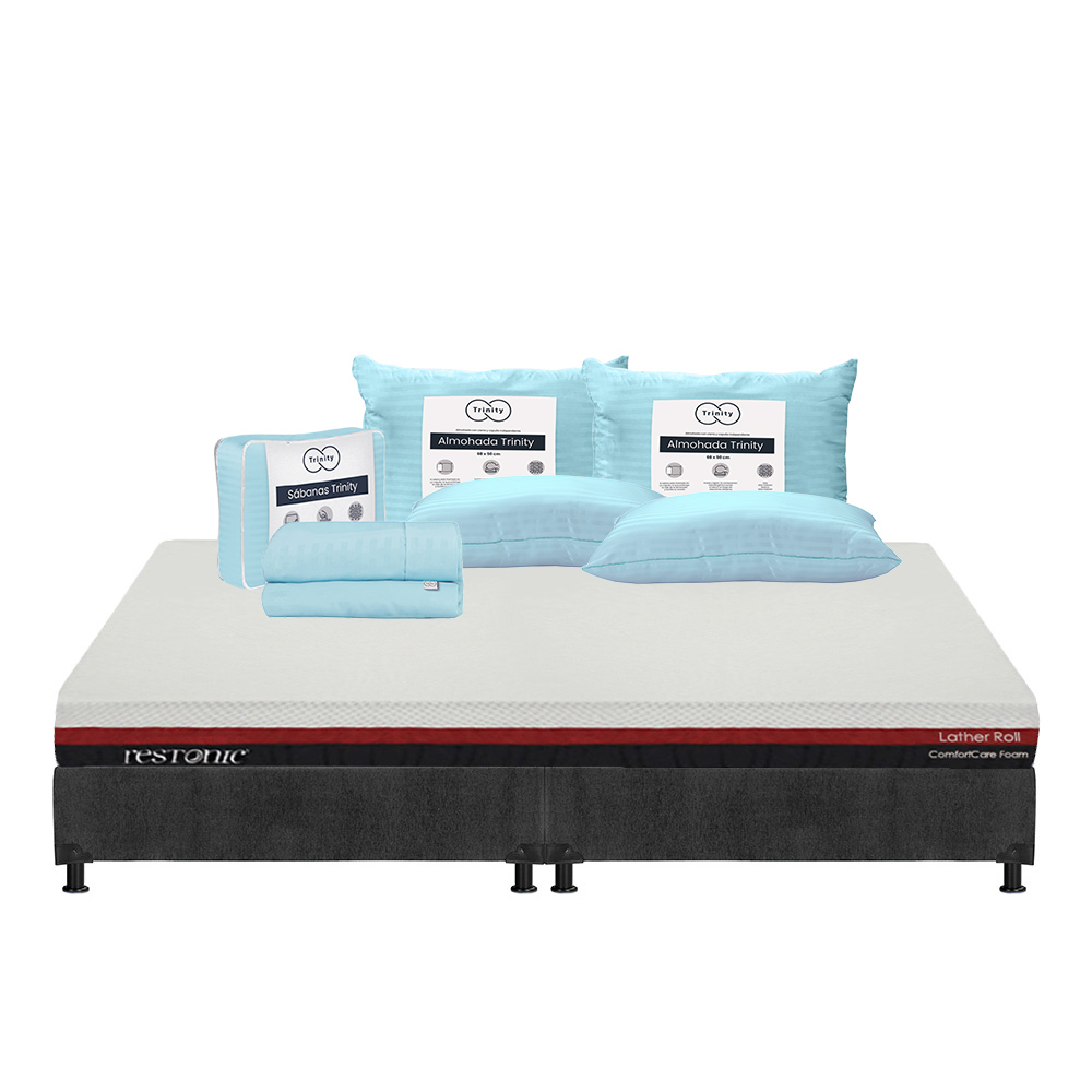 Colchón Restonic Roll Color Rojo King Size + Box Dicasa Gris + 2 Almohadas Trinity + Sábanas Trinity