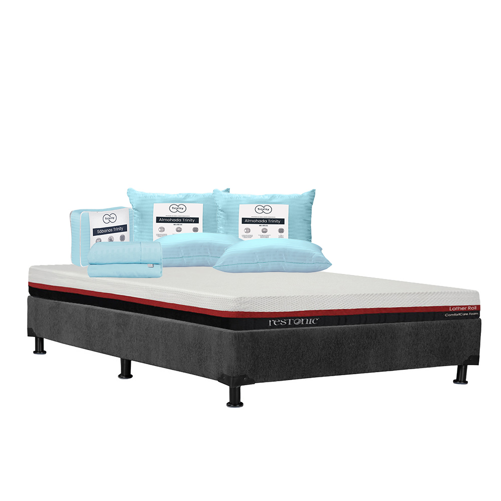 Colchón Restonic Roll Color Rojo Queen Size + Box Dicasa Gris + 2 Almohadas Trinity + Sábanas Trinity