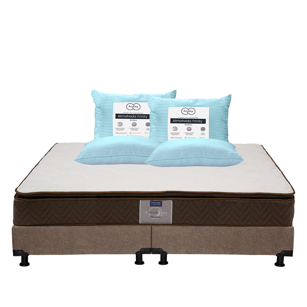 Colchón Restonic Nautilus King Size + Box Dicasa Café + 2 Almohadas Trinity