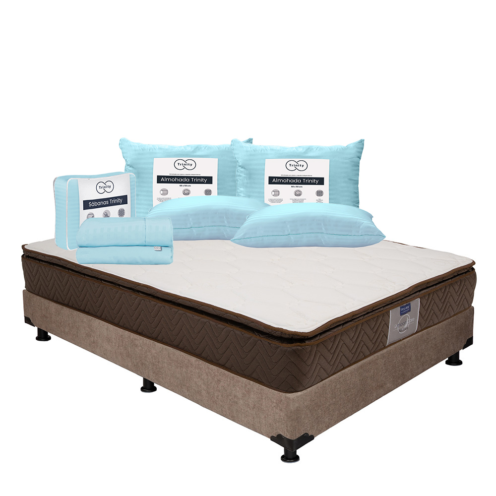 Colchón Restonic Nautilus Queen Size + Box Dicasa Café + 2 Almohadas Trinity + Sábanas Trinity