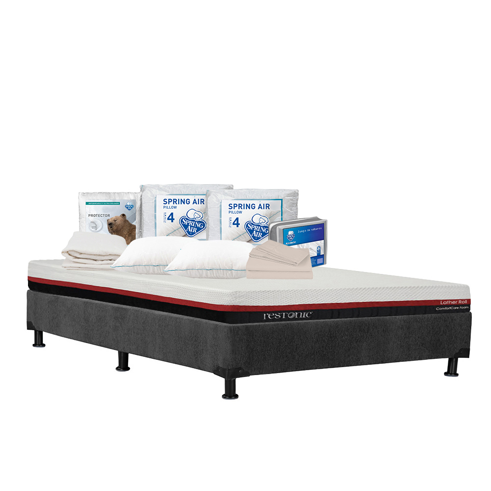 Colchón Restonic Roll Queen Size + Box Dicasa Color Gris + 2 Almohadas Osos + Protector Ultra + Sábanas Basic