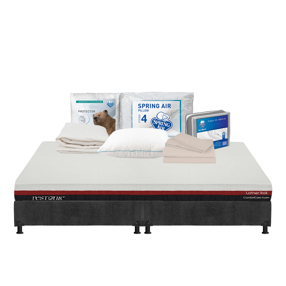Colchón Restonic Roll Color Rojo King Size + Box Dicasa Gris + Almohada Osos + Protector Ultra + Sábanas Basic