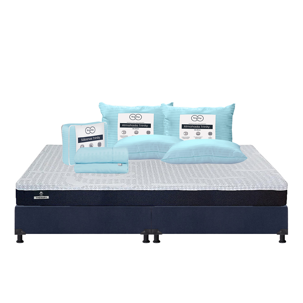 Colchón Spring Air Therapy Color Azul King Size + Box Dicasa Azul + 2 Almohadas Trinity + Sábanas Trinity
