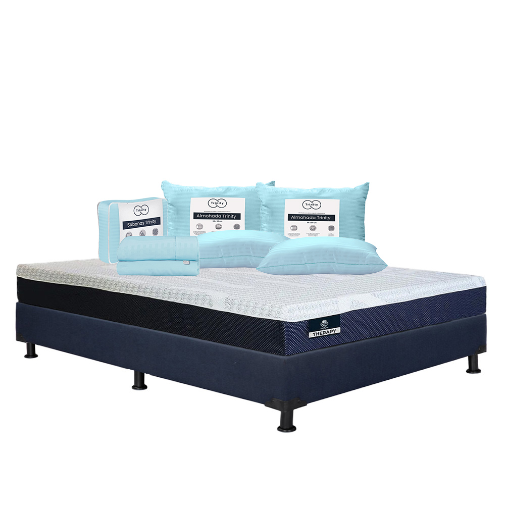 Foto 1 | Colchón Spring Air Therapy Color Azul Queen Size + Box Dicasa Azul + 2 Almohadas Trinity + Sábanas Trinity