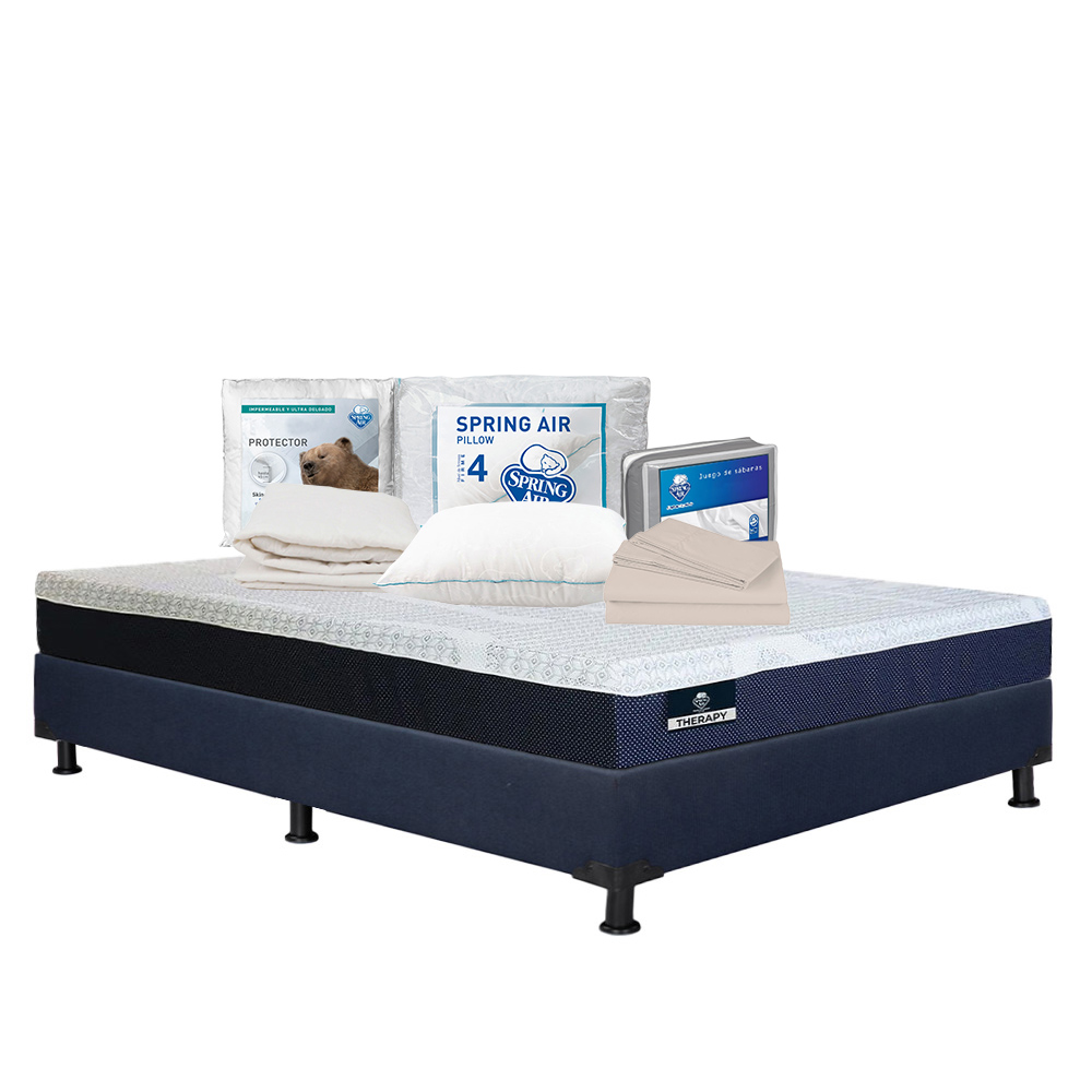 Foto 1 | Colchón Spring Air Therapy Color Azul Quee Size + Box Dicasa Azul + Almohada Osos + Protector Ultra + Sábanas Basic