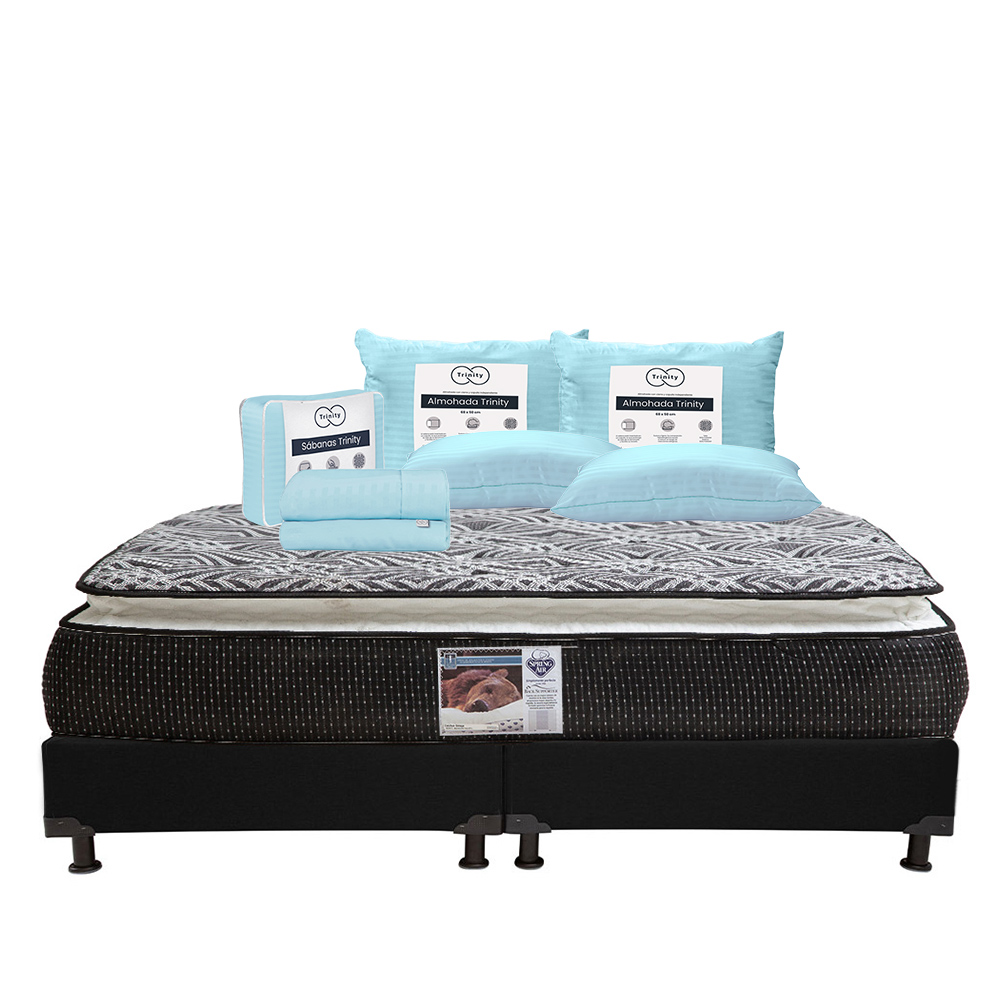Colchón Spring Air Omega King Size + Box Dicasa Color Negro +2 Almohadas Trinity + Sábanas Trinity