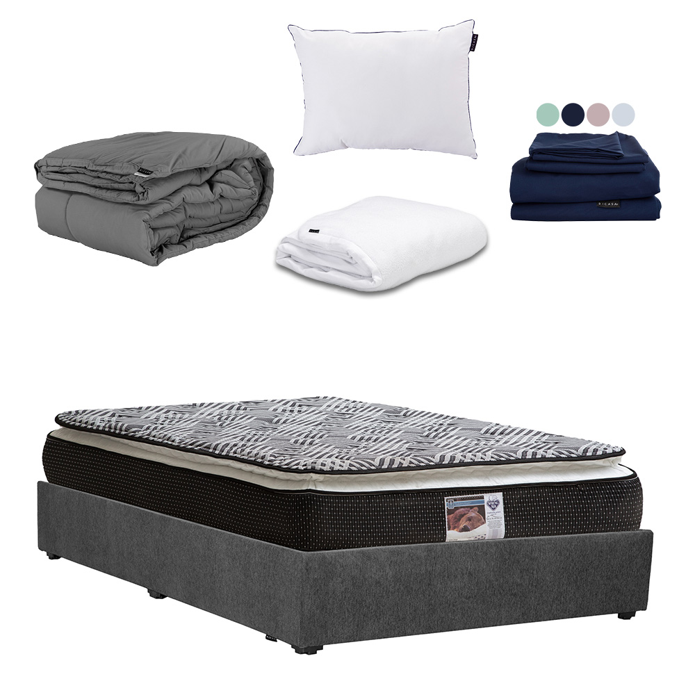 Colchón Srpring Air Omega Matrimonial + Base Cama Gris Carbon + Protector Cloud + Sábanas Softy + Edredón Homy
