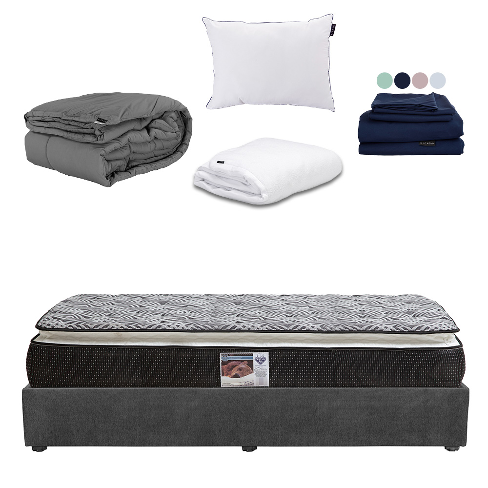 Colchón Srpring Air Omega King Size + Base Cama Gris Carbon + Protector Cloud + Sábanas Softy + Edredón Homy