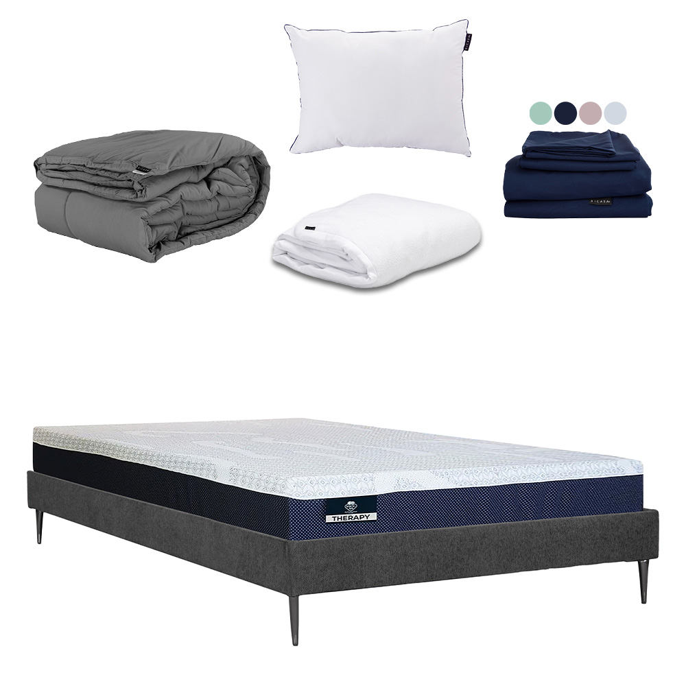 Colchón De Caja Srpring Air Therapy Matrimonial + Base Cama Slim Gris Carbon + Protector Cloud + Sábanas Softy +