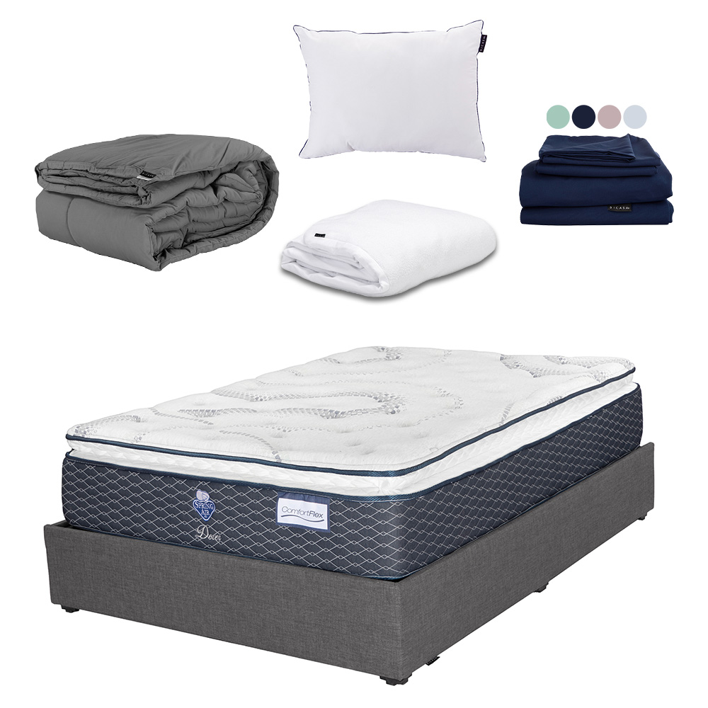 Colchón Srpring Air Dover Matrimonial + Base Cama Gris Oscuro + Protector Cloud + Sábanas Softy + Edredón Homy
