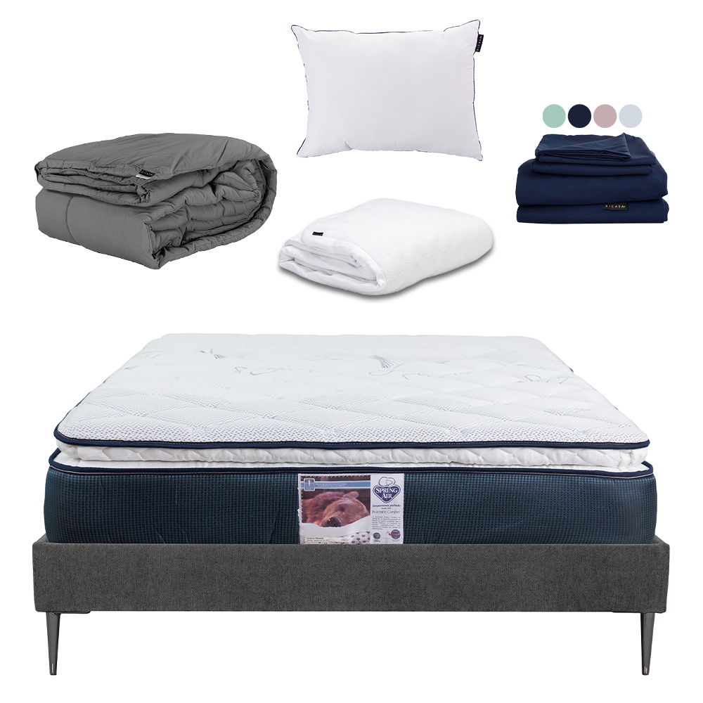 Colchón Srpring Air Monaco Queen Size + Base Cama Slim Gris Carbon + Protector Cloud + Sábanas Softy + Edredón Homy
