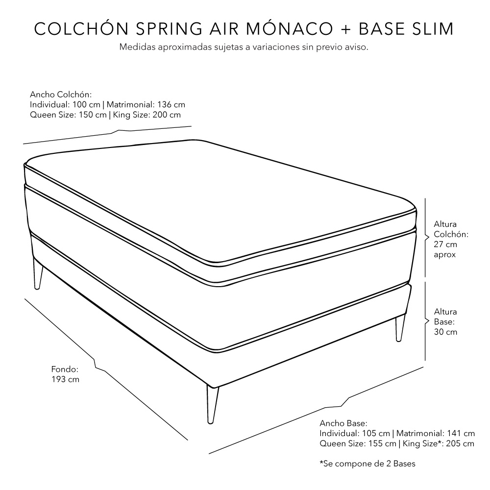 Foto 8 pulgar | Colchón Srpring Air Monaco Queen Size + Base Cama Slim Gris Carbon + Protector Cloud + Sábanas Softy + Edredón Homy