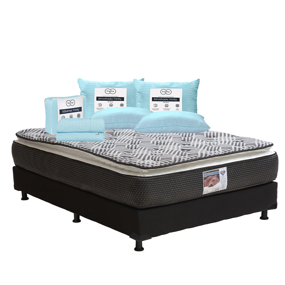 Colchón Spring Air Omega Queen Size + Box Dicasa Color Negro + 2 Almohadas Trinity + Sábanas Trinity