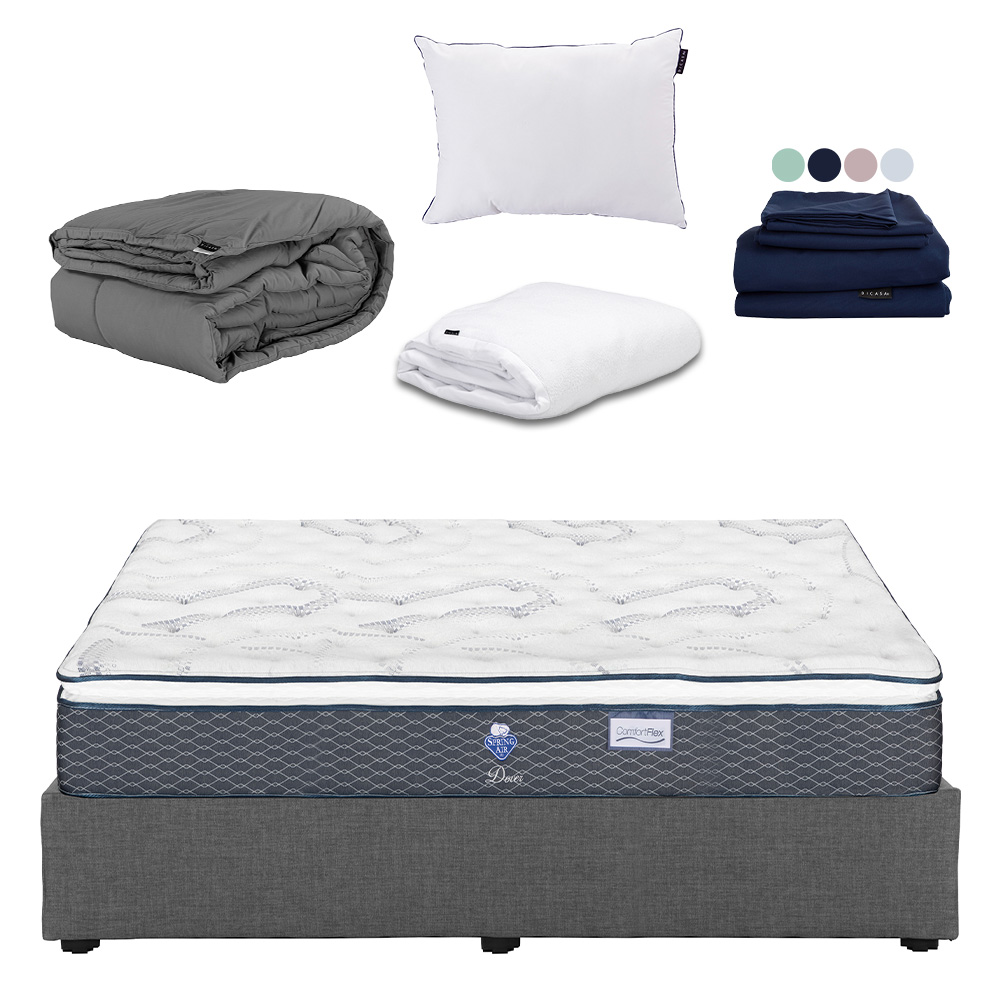 Colchón Srpring Air Dover King Size + Base Cama Gris Oscuro + Protector Cloud + Sábanas Softy + Edredón Homy