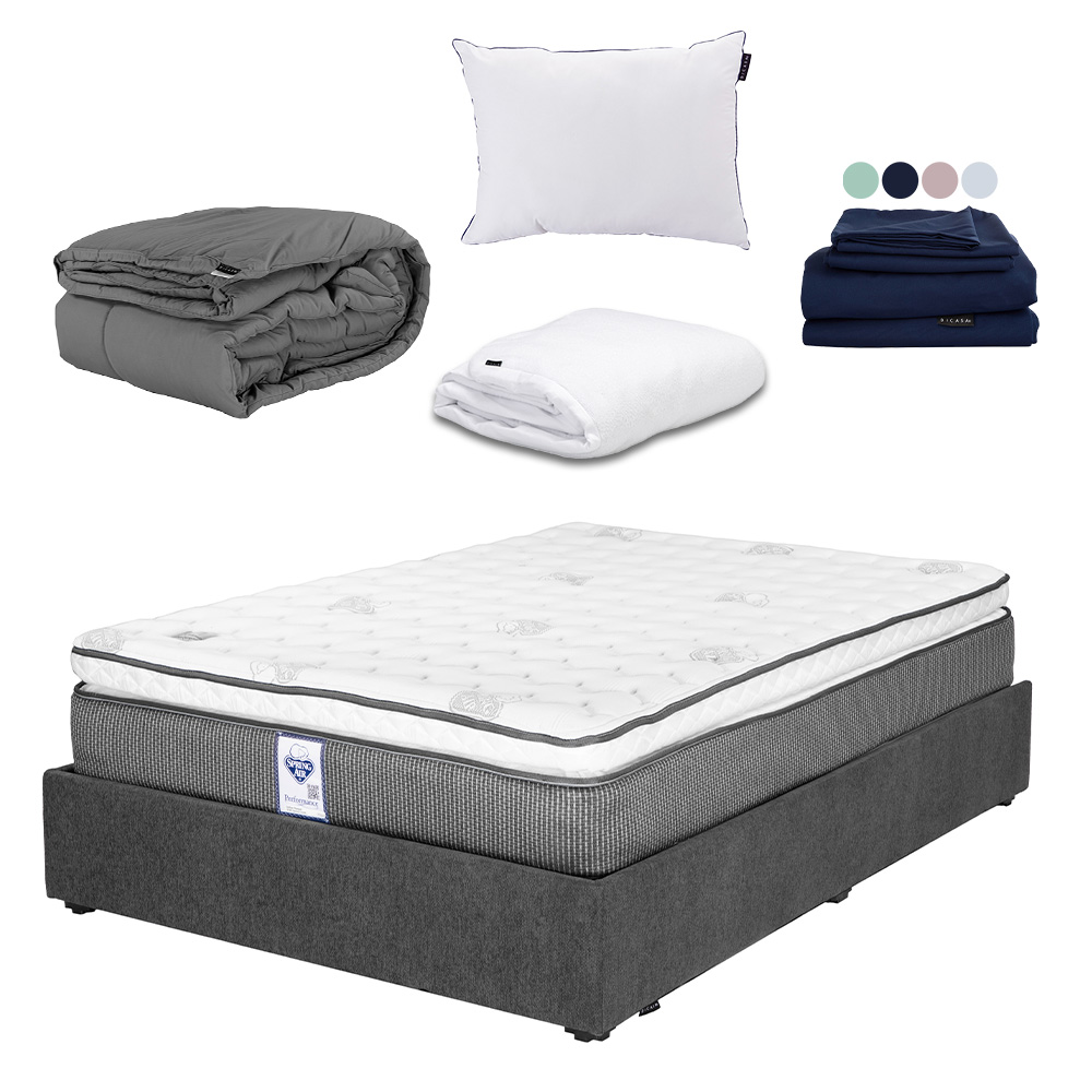 Colchón Srpring Air Phantom Queen Size + Base Cama Gris Carbon + Protector Cloud + Sábanas Softy + Edredón Homy