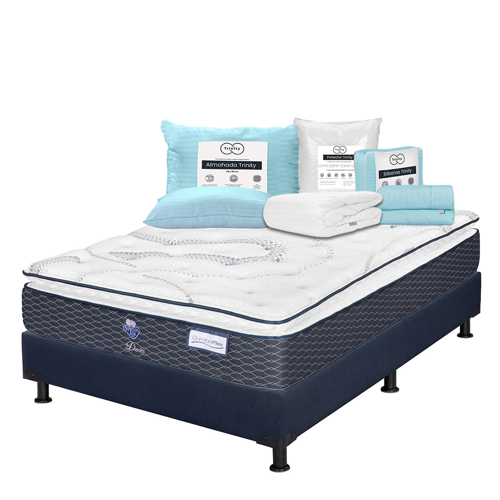 Foto 1 | Colchón Spring Air Dover Matrimonial + Box Dicasa Color Azul + Almohada Trinity + Protector Trinity + Sábanas Trinity