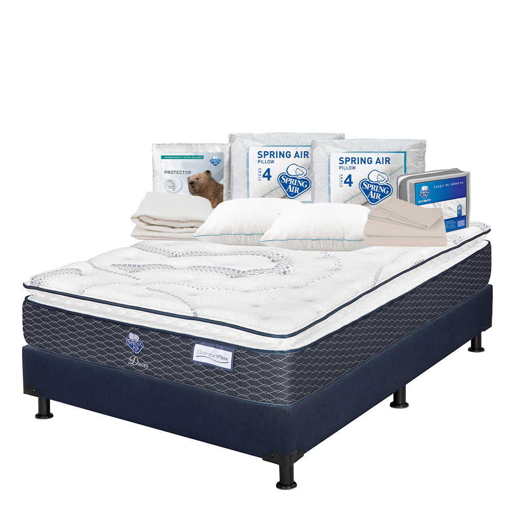 Colchón Spring Air Dover Queen Size + Box Dicasa Color Azul + 2 Almohadas Osos + Protector Ultra + Sábanas Basic