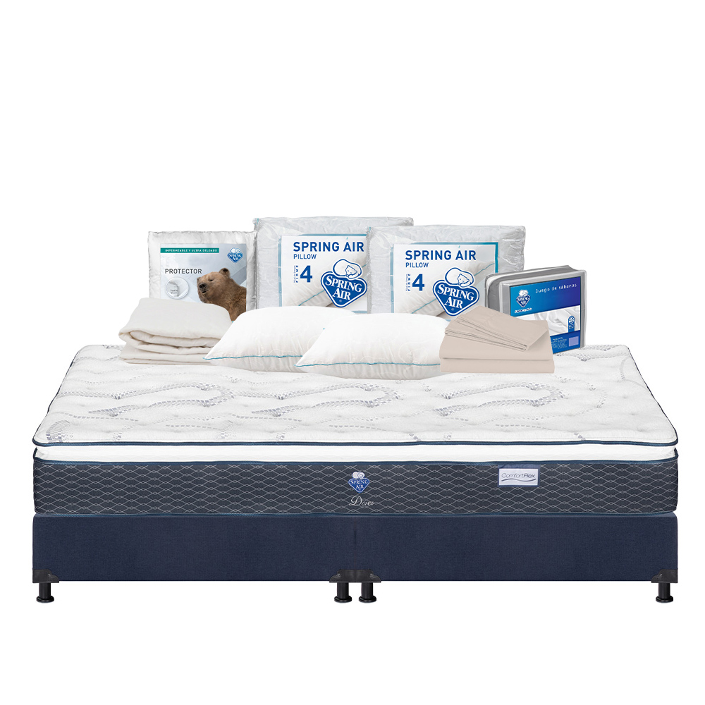 Foto 1 | Colchón Spring Air Dover King Size + Box Dicasa Color Azul+ 2 Almohadas Osos + Protector Ultra + Sábanas Basic