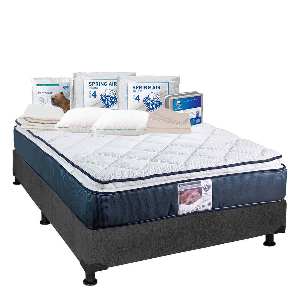 Foto 1 | Colchón Spring Air Mónaco Matrimonial + Box Color Gris + 2 Almohadas Osos + Protector Ultra + Sábanas Basic