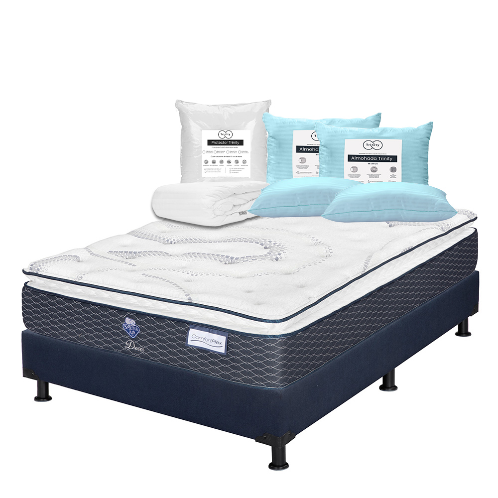 Colchón Spring Air Dover Queen Size + Box Dicasa Color  Azul + 2 Almohadas Trinity + Protector Trinity