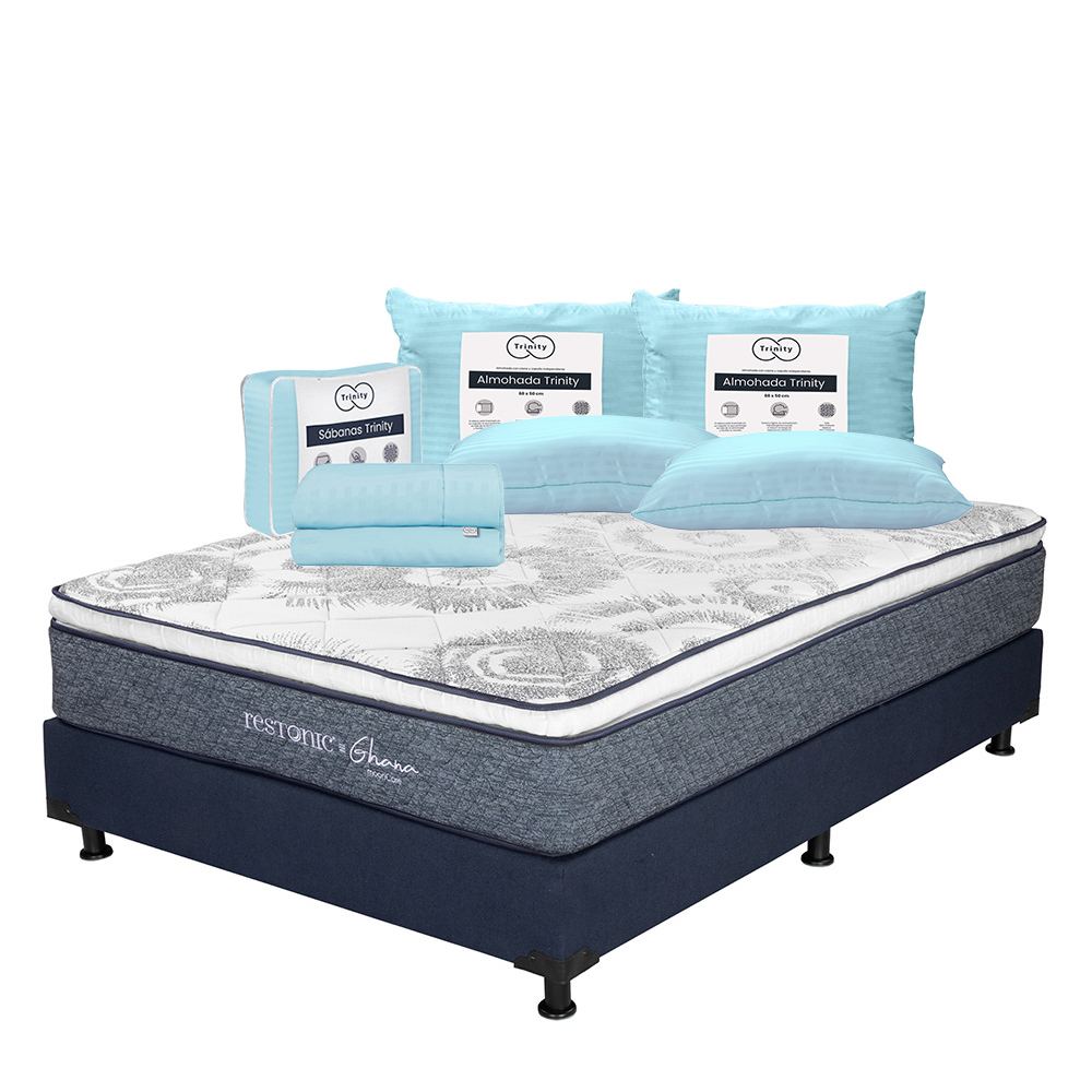 Colchón Restonic Ghana + Box Dicasa Color Azul Queen Size + 2 Almohadas Trinity + Sábanas Trinity