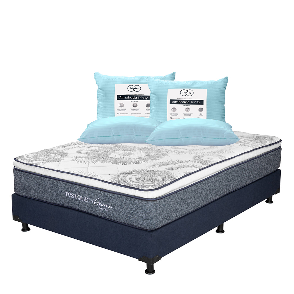 Colchón Restonic Ghana + Box Dicasa Color Azul Matrimonial + 2 Almohadas Trinity