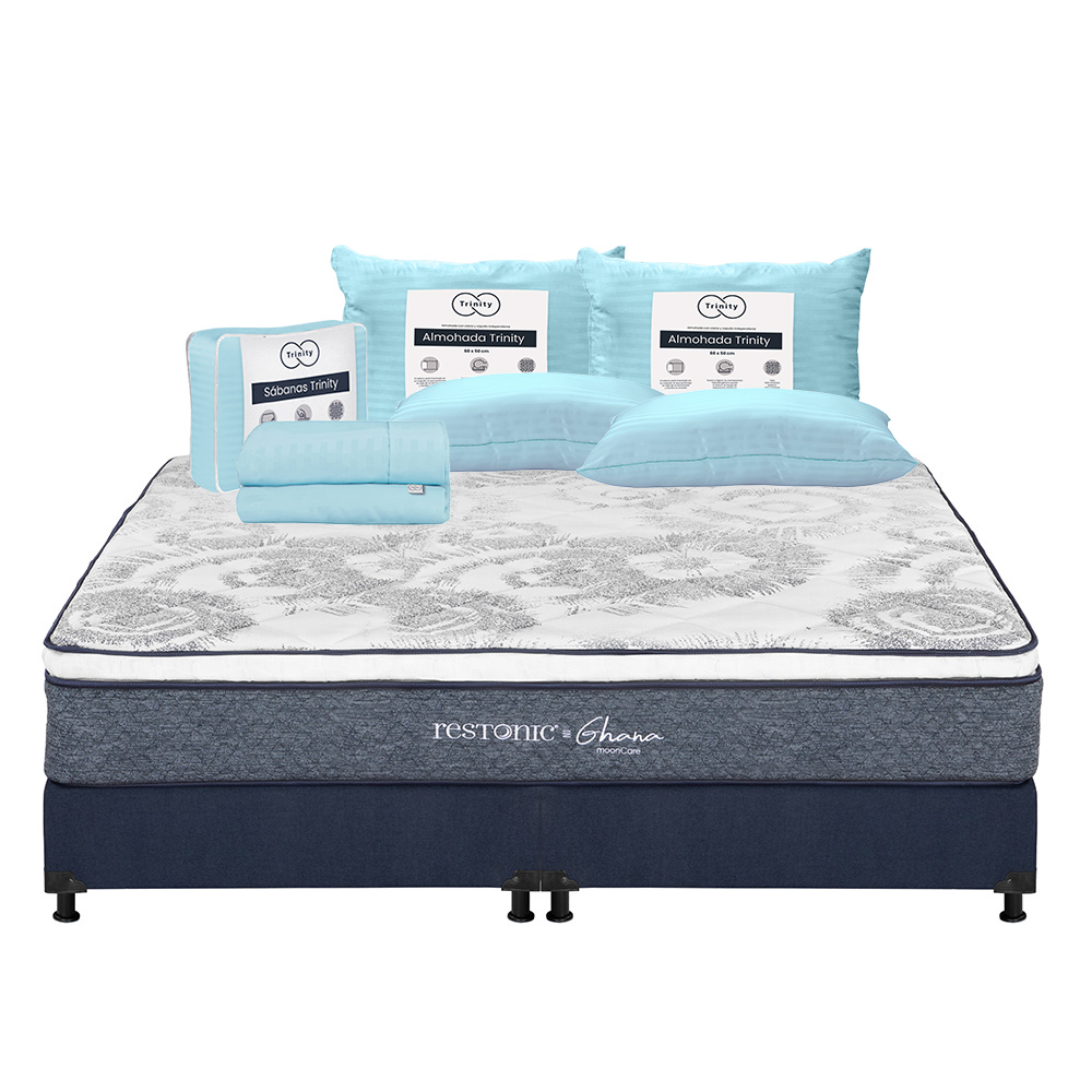Colchón Restonic Ghana + Box Dicasa Color Azul King Size + 2 Almohadas Trinity + Sábanas Trinity