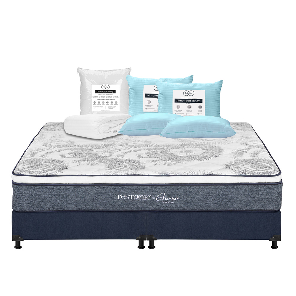 Colchón Restonic Ghana + Box Dicasa Color Azul King Size + 2 Almohadas Trinity + Protector Trinity