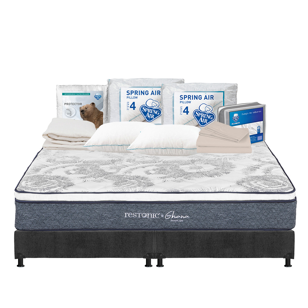 Colchón Restonic Ghana + Box Dicasa Color Gris King Size + 2 Almohadas Osos + Protector Ultra + Sábanas Basic