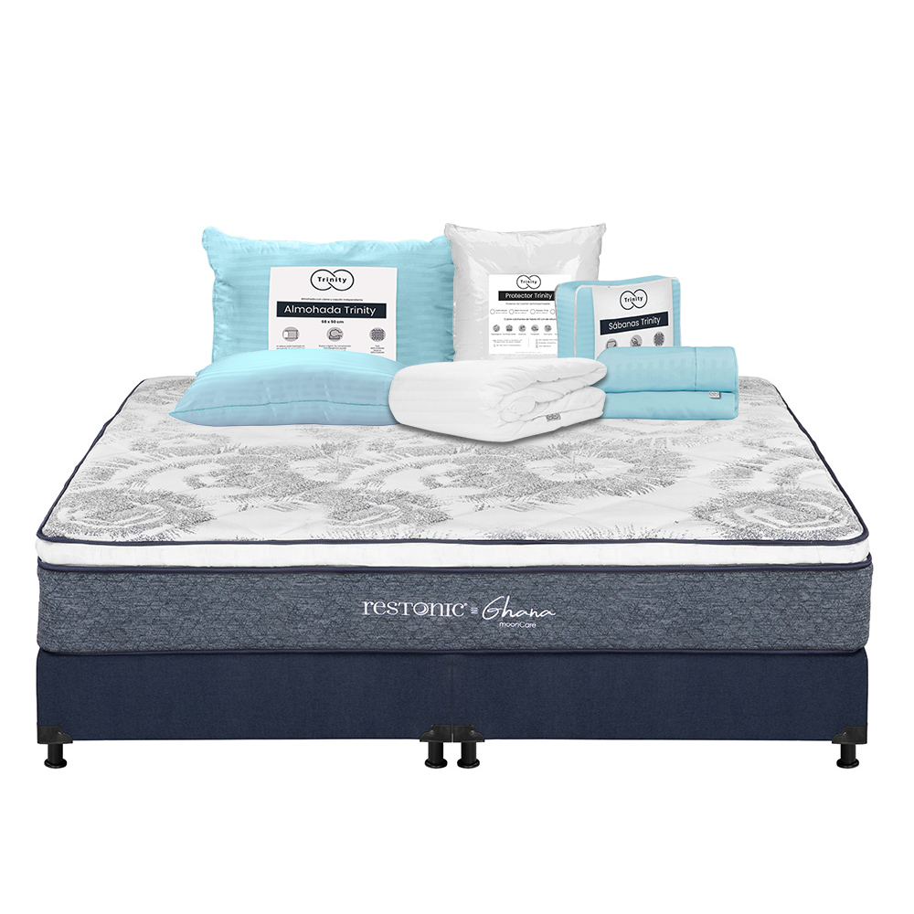 Colchón Restonic Ghana + Box Dicasa Color Azul King Size + Almohada Trinity + Sábanas Trinity + Protector Trinity