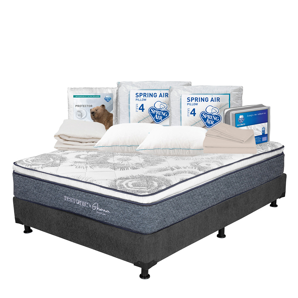 Colchón Restonic Ghana + Box Dicasa Color Gris Matrimonial + 2 Almohadas Osos + Protector Ultra + Sábanas Basic