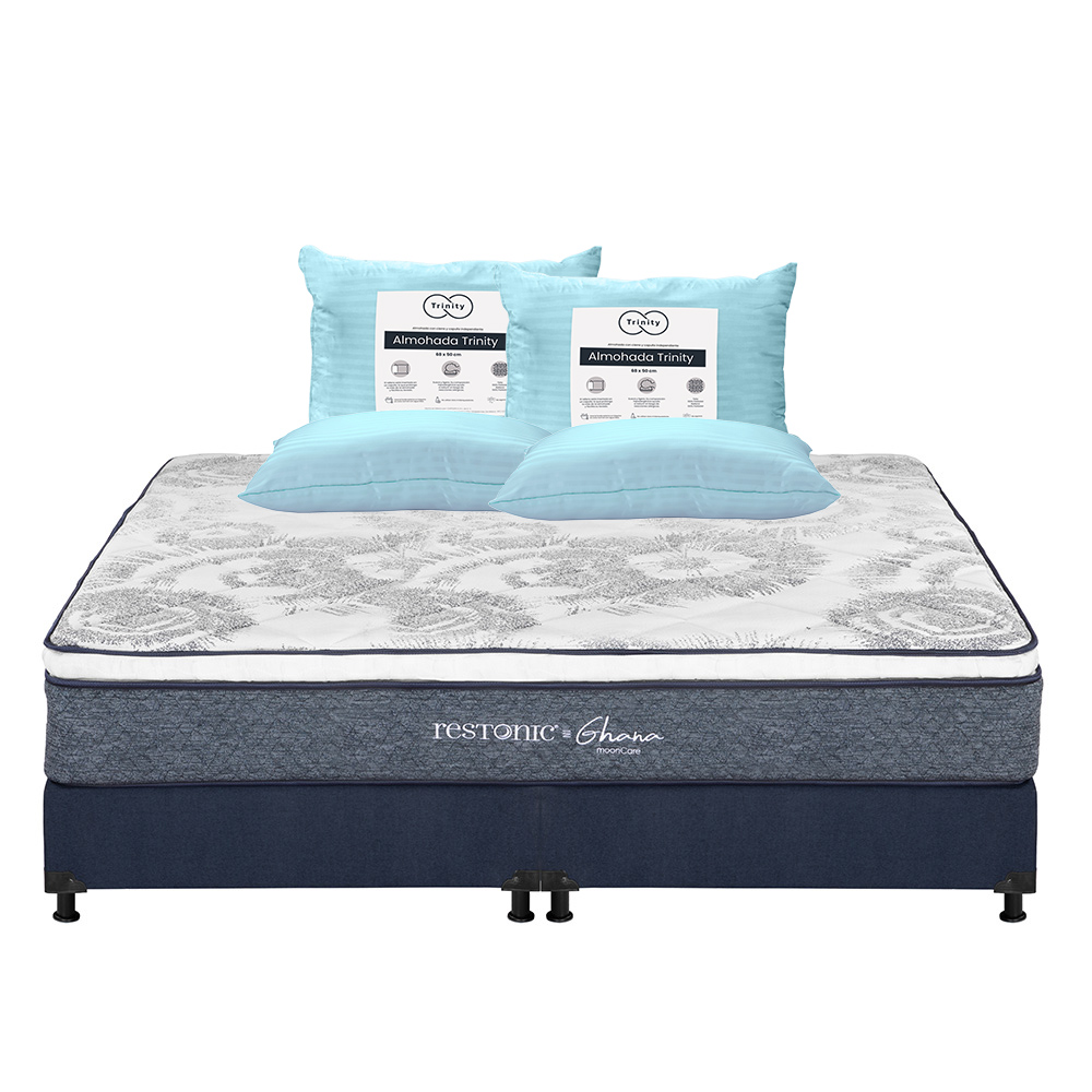 Colchón Restonic Ghana + Box Dicasa Color Azul King Size + 2 Almohadas Trinity
