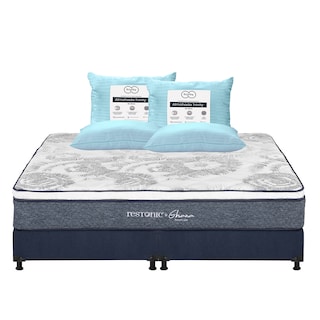 Foto 1 | Colchón Restonic Ghana + Box Dicasa Color Azul King Size + 2 Almohadas Trinity
