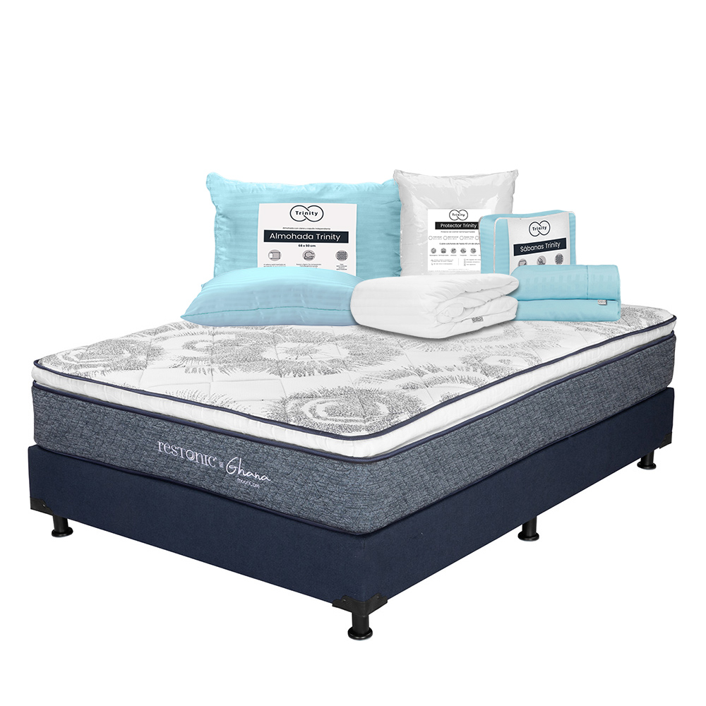 Colchón Restonic Ghana + Box Dicasa Color Azul Matrimonial + Almohada Trinity + Sábanas Trinity + Protector Trinity