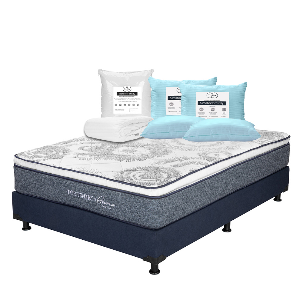 Foto 1 | Colchón Restonic Ghana + Box Dicasa Color Azul Queen Size + 2 Almohadas Trinity + Protector Trinity