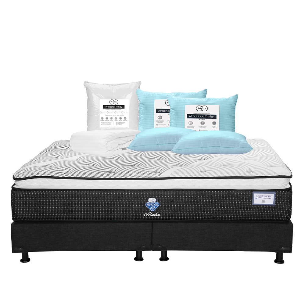 Colchón Spring Air Alaska + Box Dicasa Color Negro King Size + 2 Almohadas Trinity + Protector Trinity