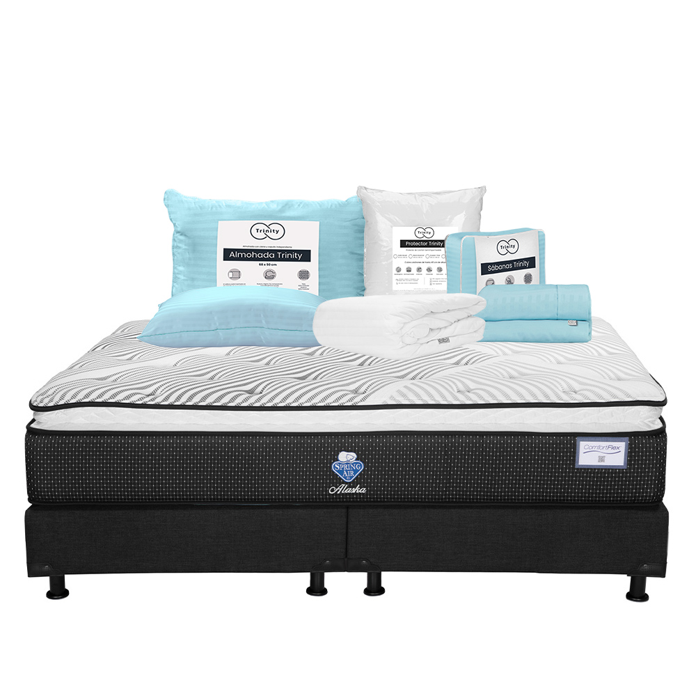 Colchón Spring Air Alaska + Box Dicasa Color Negro King Size + Almohada Trinity + Protector Trinity + Sábanas Trinity