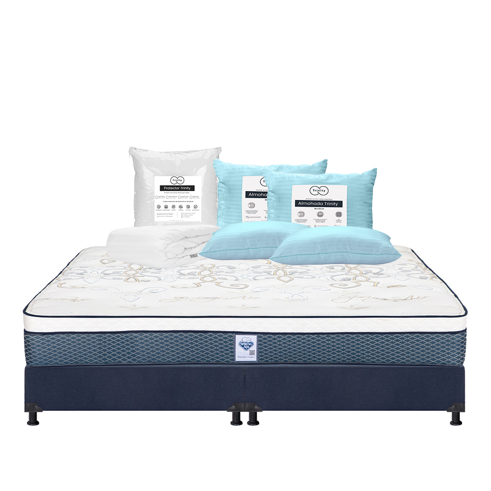 Colchón Spring Air Cantabria + Box Dicasa Color Azul King Size + 2 Almohadas Trinity + Protector Trinity