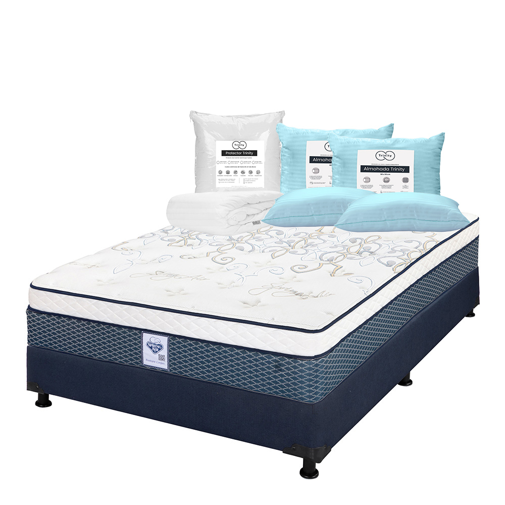 Colchón Spring Air Cantabria + Box Dicasa Color Azul Matrimonial + 2 Almohadas Trinity + Protector Trinity