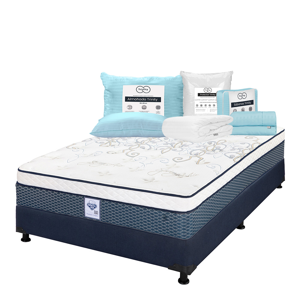 Colchón Spring Air Cantabria + Box Dicasa Color Azul Matrimonial + Almohada Trinity + Protector Trinity + Sábanas Tri