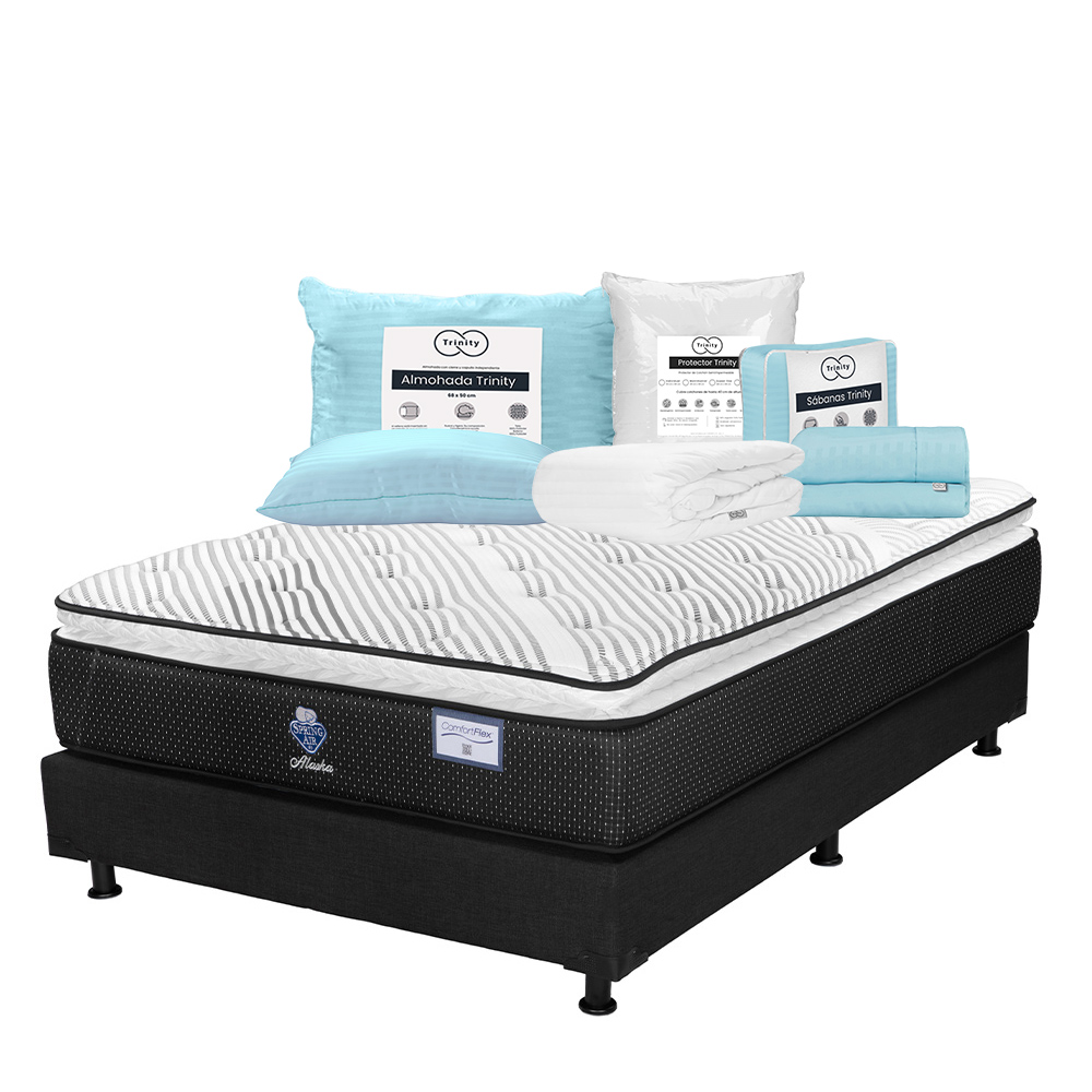 Colchón Spring Air Alaska + Box Dicasa Color Negro Queen Size + Almohada Trinity + Protector Trinity + Sábanas Trinity