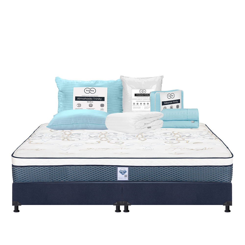Colchón Spring Air Cantabria + Box Dicasa Color Azul King Size + Almohada Trinity + Protector Trinity + Sábanas Trinity