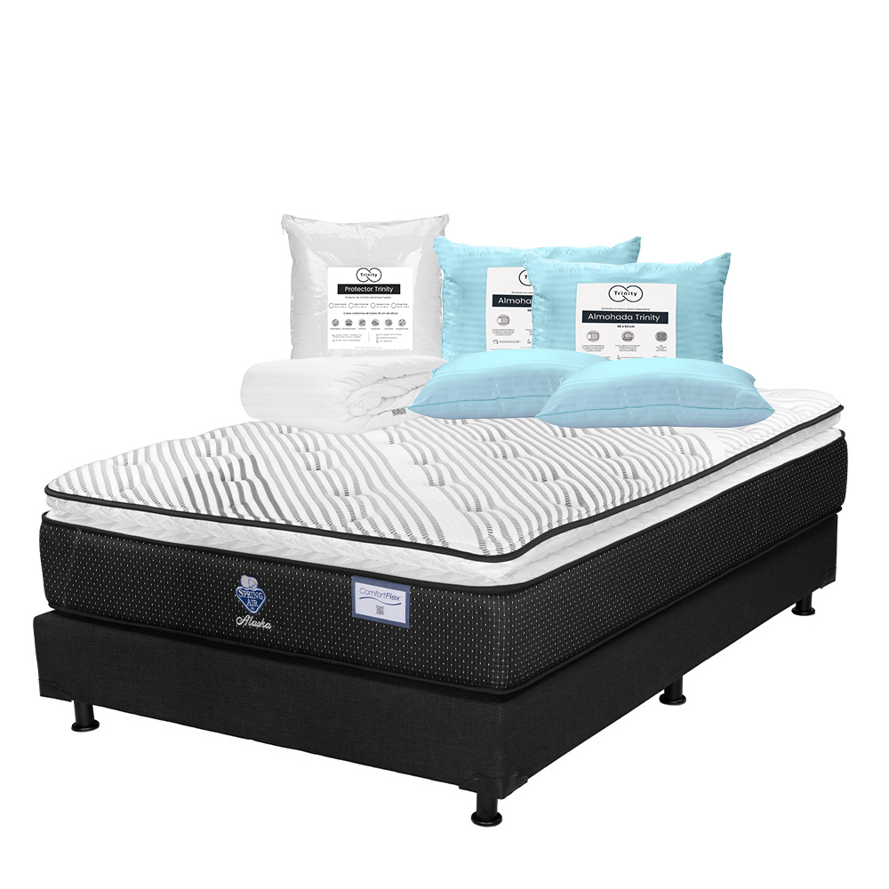 Colchón Spring Air Alaska + Box Dicasa Color Negro Queen Size + 2 Almohadas Trinity + Protector Trinity