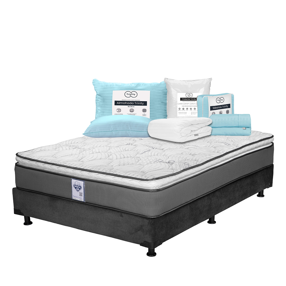 Colchón Spring Air Prestige + Box Dicasa Color Gris Individual + Almohada Trinity + Protector Trinity + Sábanas Trinity