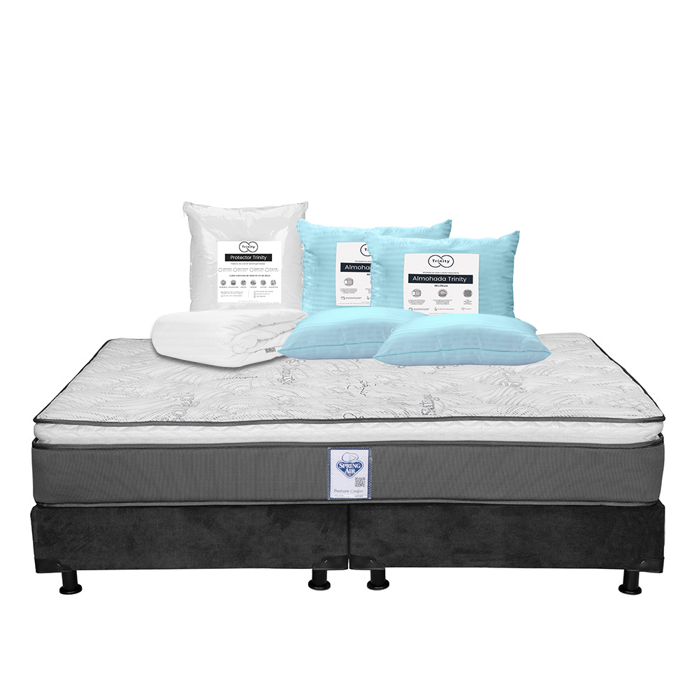 Colchón Spring Air Prestige + Box Dicasa Color Gris King Size + 2 Almohadas Trinity + Protector Trinity